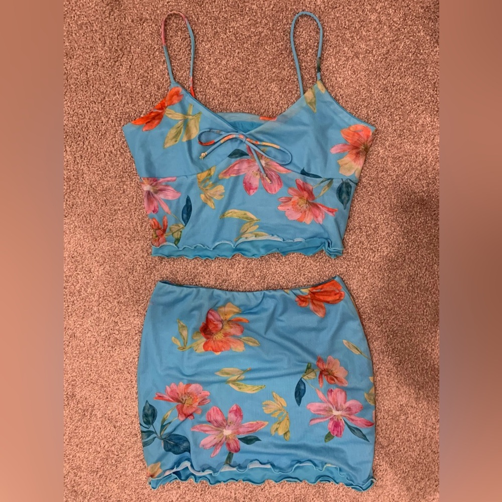 Blue Floral 2pc Top and Skirt Set